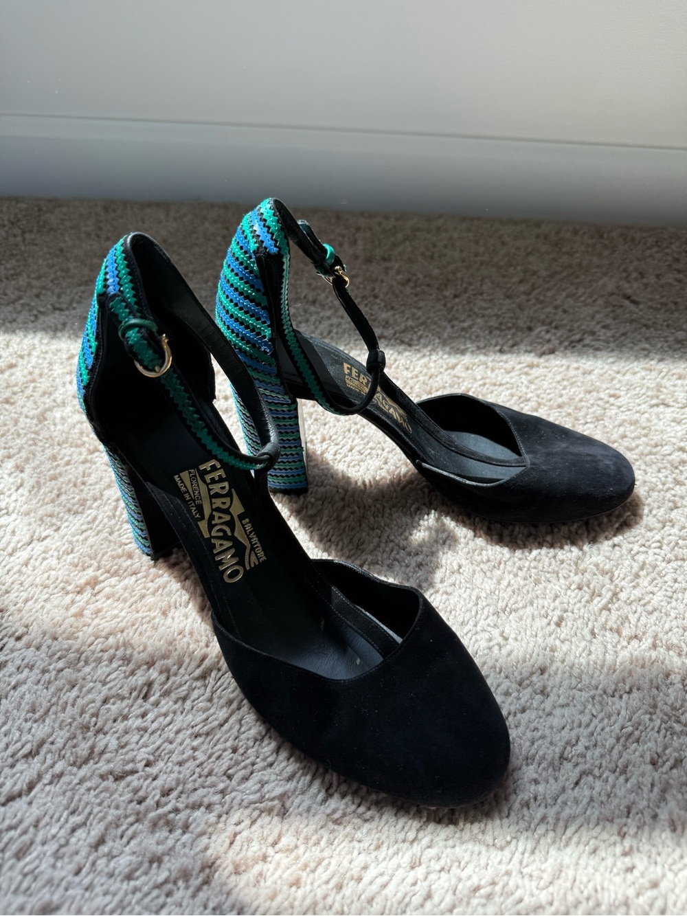 Salvatore Ferragamo Black Suede Pumps with Teal and Blue Patterned Heel